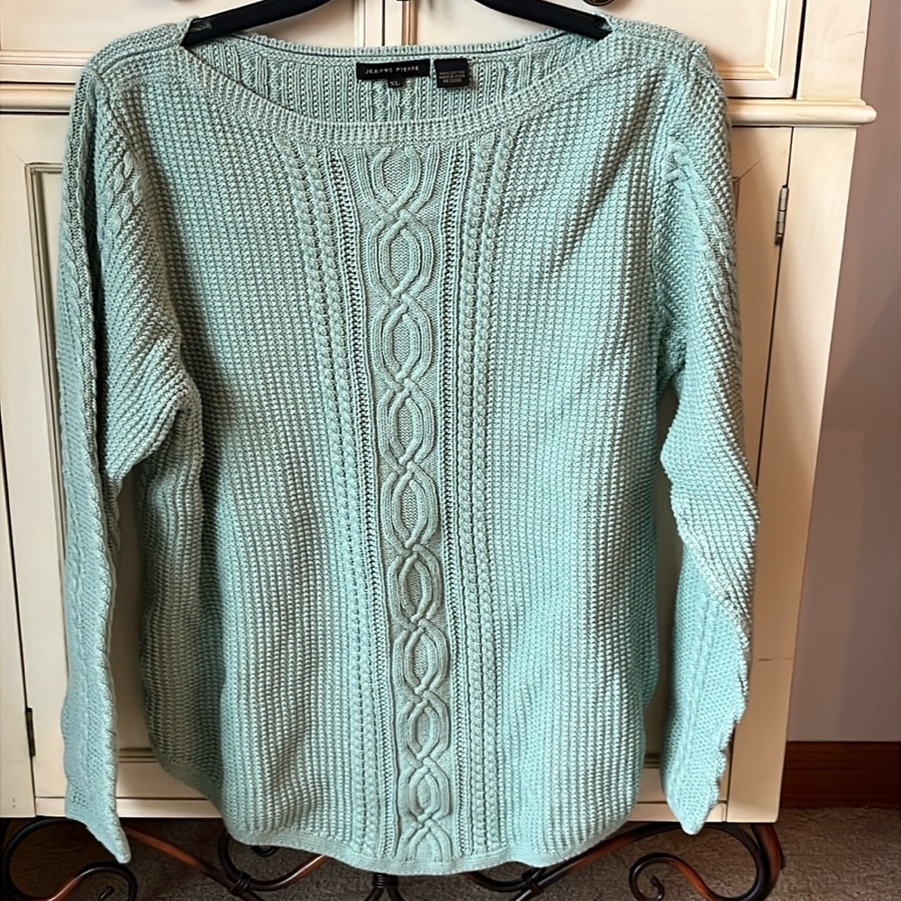 Jeanne Pierre 100% Cotton Cable Knit Crew Neck Mint Green Sweater Size XL